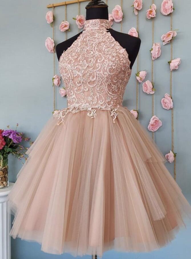 Open Back Champagne Lace Short Prom Dresses