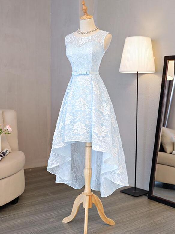 Chic Light Blue Lace High Low Prom Dresses