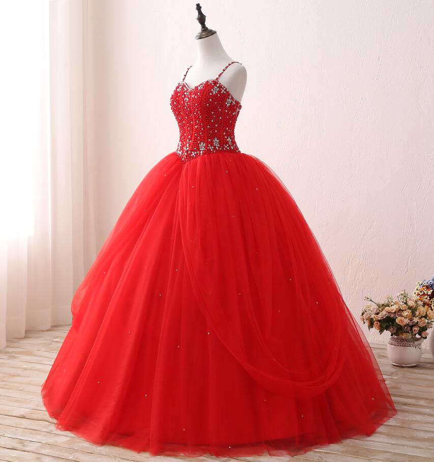 Princess Red Beaded Tulle Prom Party Evening Dress