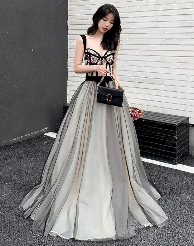 A Line Black Tulle Sequins Long Prom Evening Dress