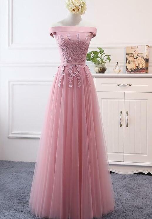 A Line Rose Pink Prom Dresses, Boat Neck Prom Dresses