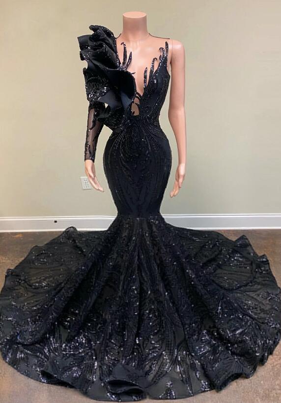 Mermaid Black Sequin One Shoulder Prom Dresses on Luulla
