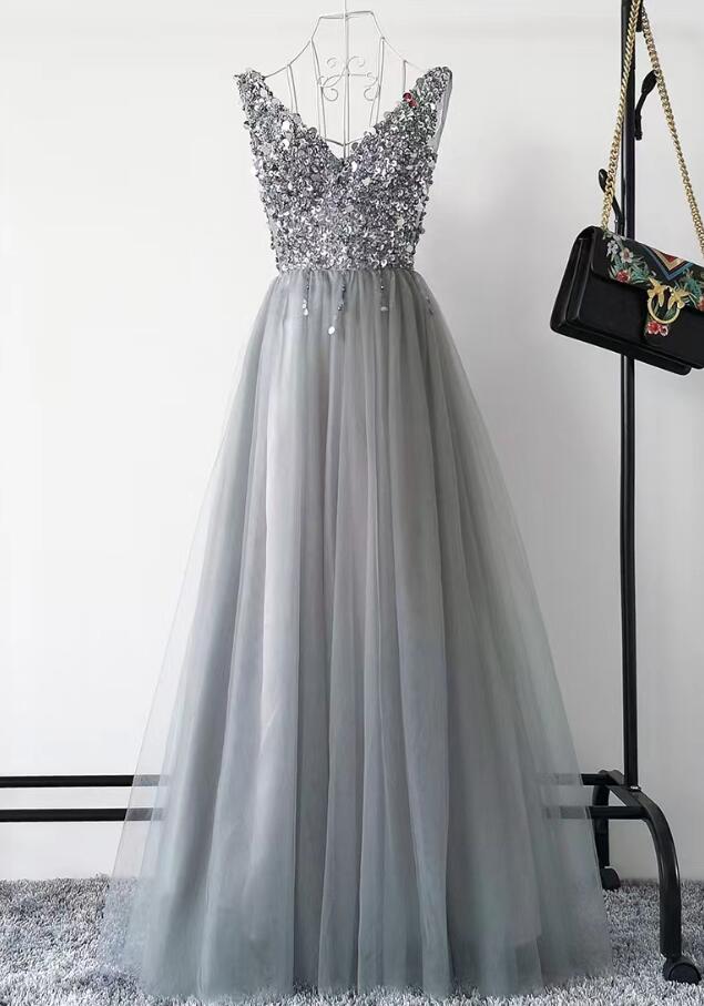 Luxury V-neck Silver Evening Dresses