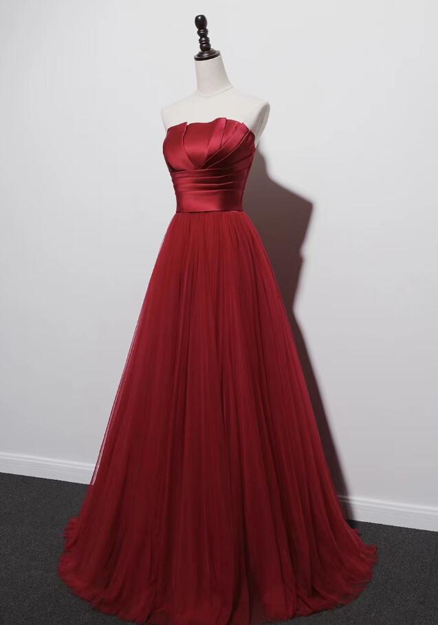 Charming Strapless Burgundy Prom Gown, Evening Dress