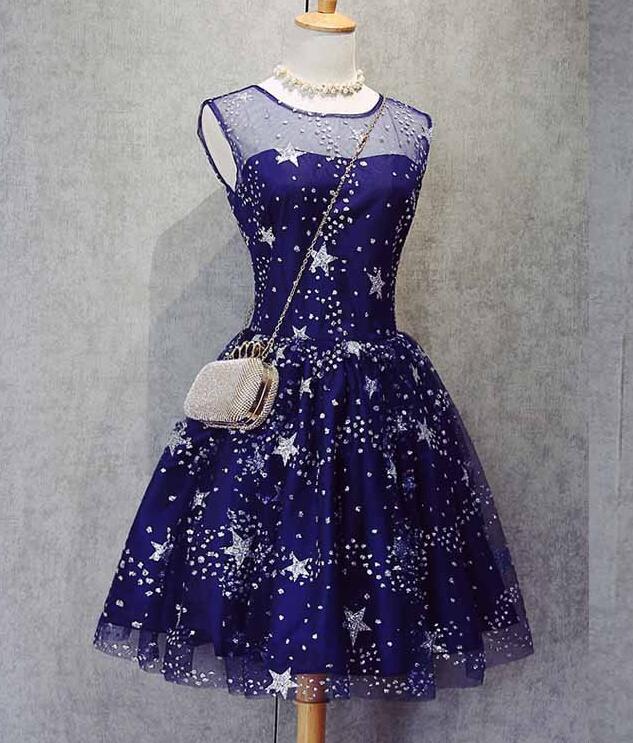 Fashion A-line Sleeveless Navy Blue Short Homecoming Dresses