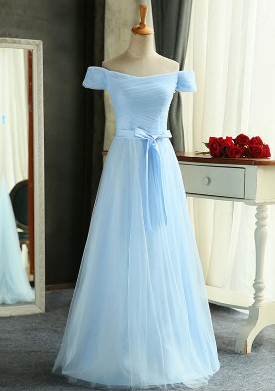 Off Shoulder Light Blue Tulle Prom Dresses