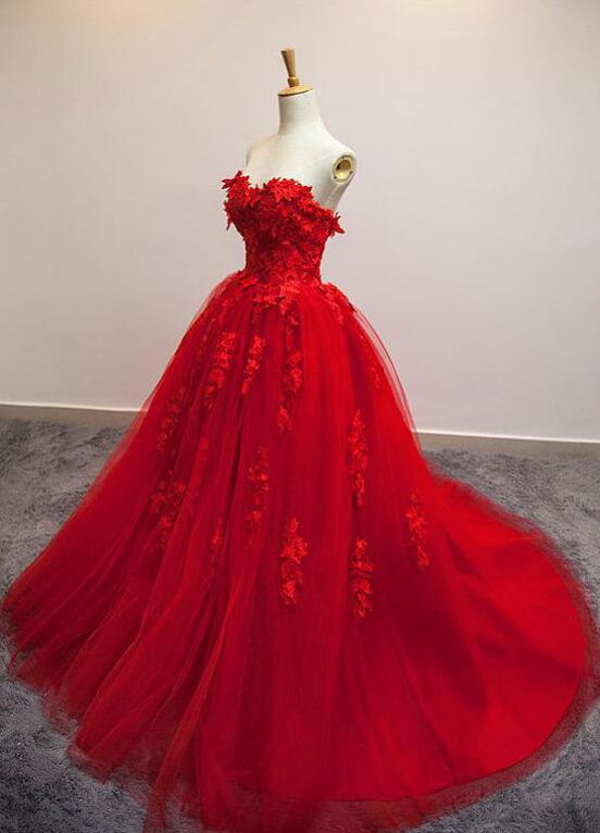 A Line Lace Red Lace Prom Dresses