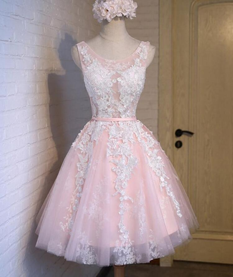 Cute Charming Short Pink Lace Homecoming Dresses