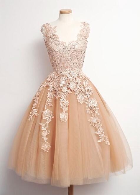 Vintage Champagne Lace Tulle Short Homecoming Dresses