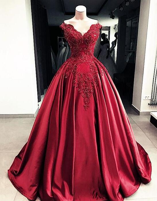 Ball Gown Lace Embroidery Wine Red Beaded V-neck Satin Prom Dress