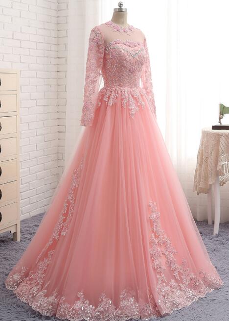 A-line Pink Tulle Long Sleeve Lace Appliques Prom Dress