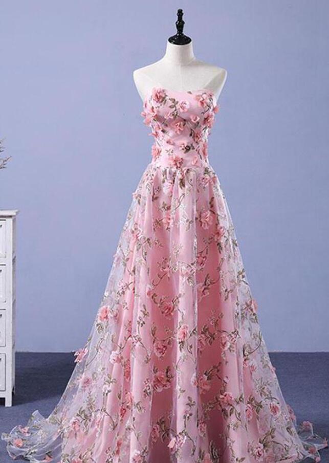 Strapless Pink Sweep Train Floral Long Prom Dresses