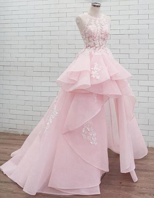 Round Neck Lace Pink Long Prom Dress, Sweet 16 Dress