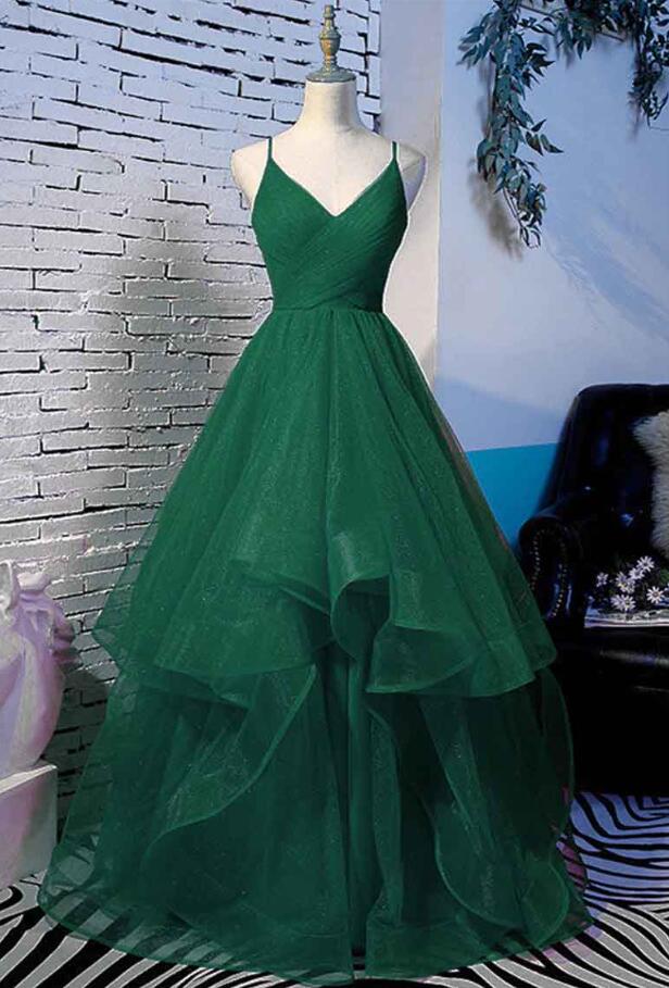Spaghetti Straps Long Dark Green Tulle Prom Dress With Ruffles