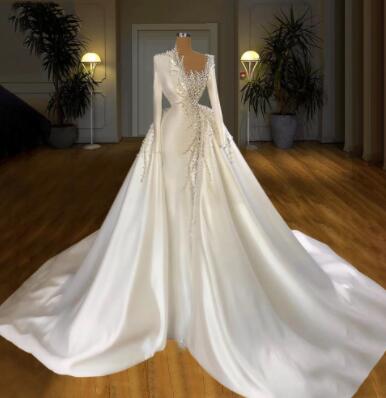 Mermaid Luxury Satin Pearls Wedding Dress