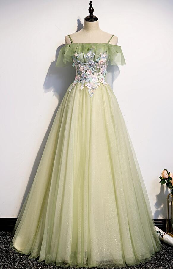 A Line Green Tulle Lace Long Prom Dress
