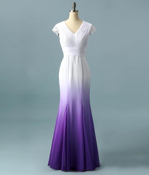 Modest White Purple Ombre Wedding Gowns Lace Appliques Prom Dress