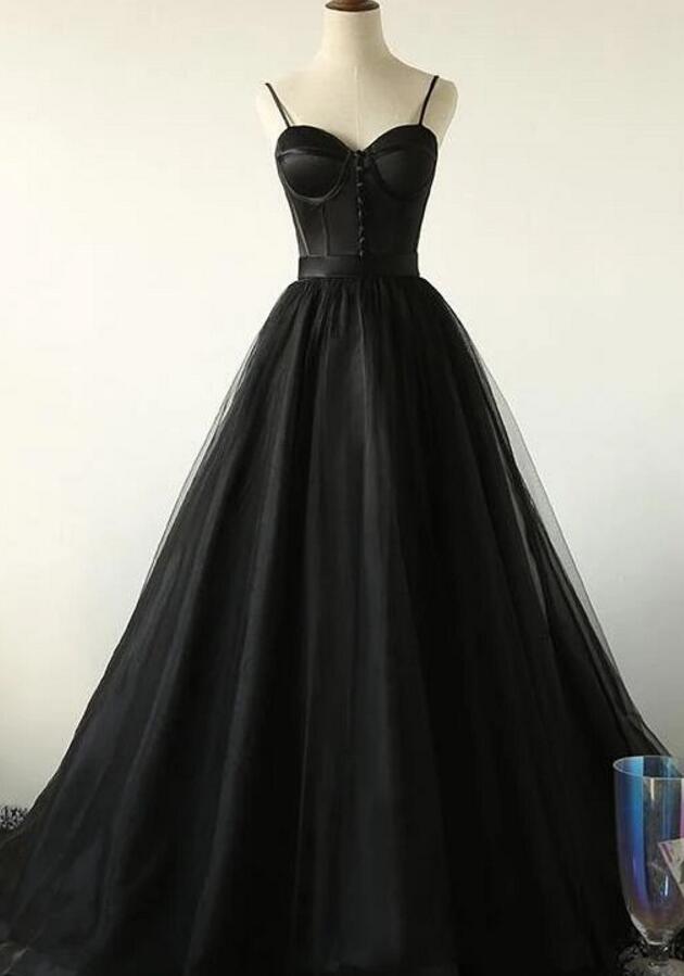 Straps Black Long Evening Prom Dress