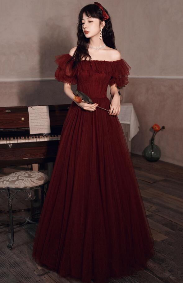 A Line Burgundy Tulle Long Prom Dress