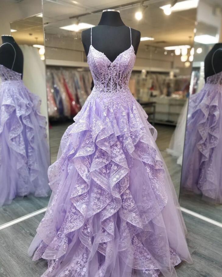 Spaghetti Staps Lilac Long Prom Dresses Evening Gowns