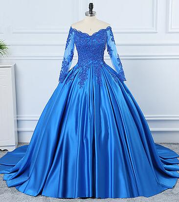 Royal Blue Satin V Neck Sweep Train Prom Dress With Long Sleeve