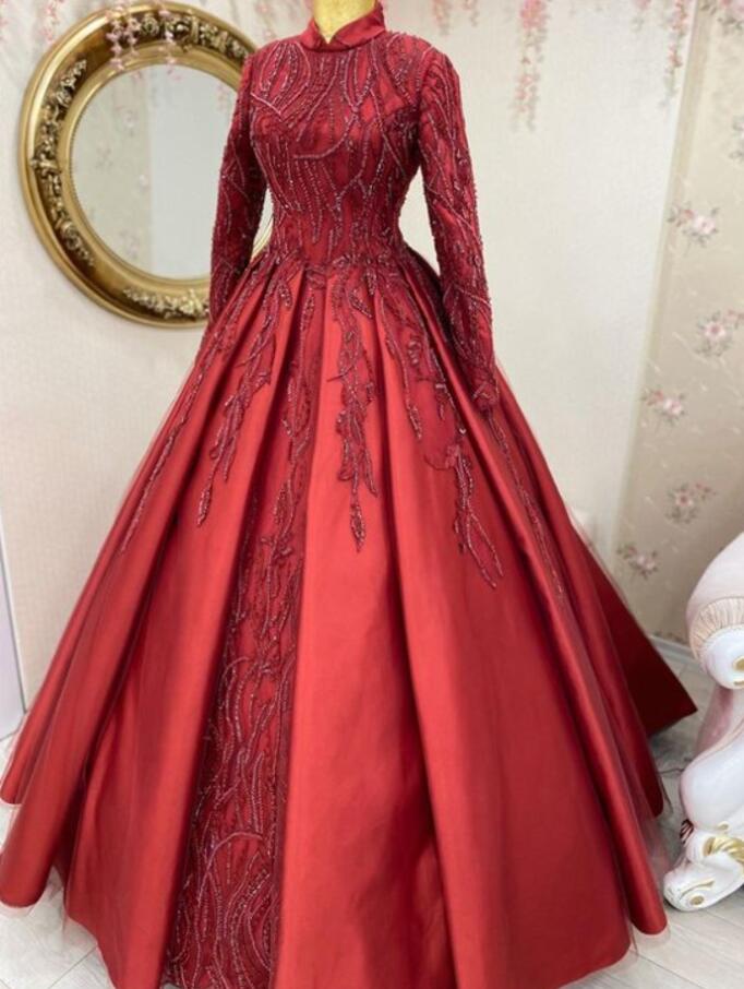 A Line Red Long Sleeve Prom Dress