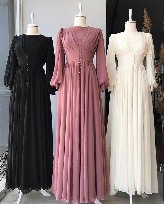 Simple A Line Chiffon Long Prom Dresses With Long Sleeves