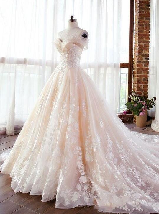 Off Shoulders Luxury Champagne Lace Ball Gown Wedding Dress