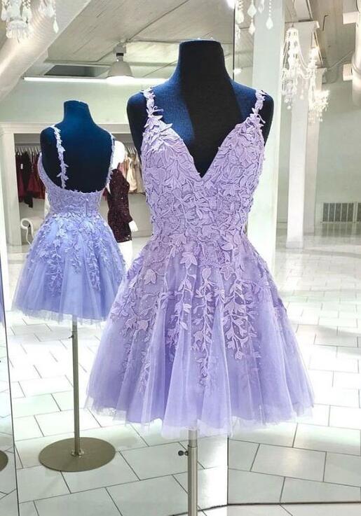 Cute V Neck Tulle Lace Purple Short Prom Dress