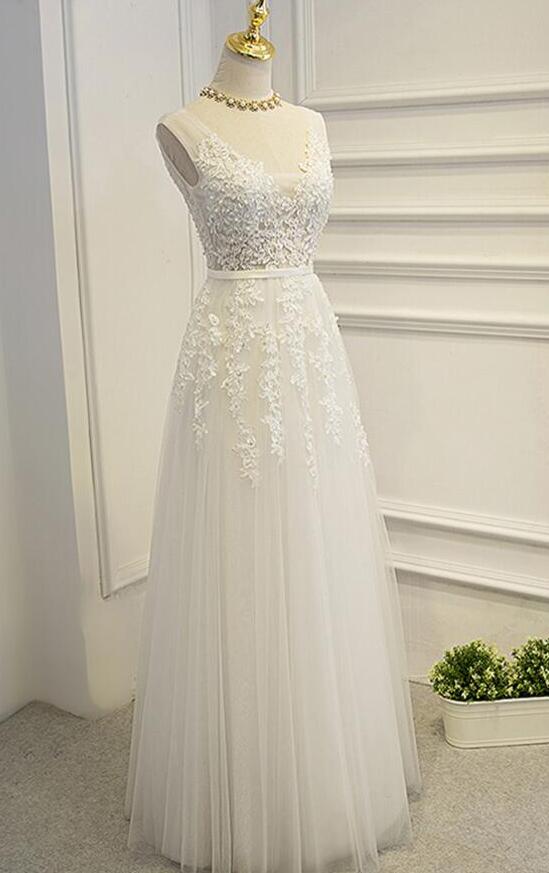 A Line Ivory Long Tulle Evening Formal Dresses, Long Prom Dresses