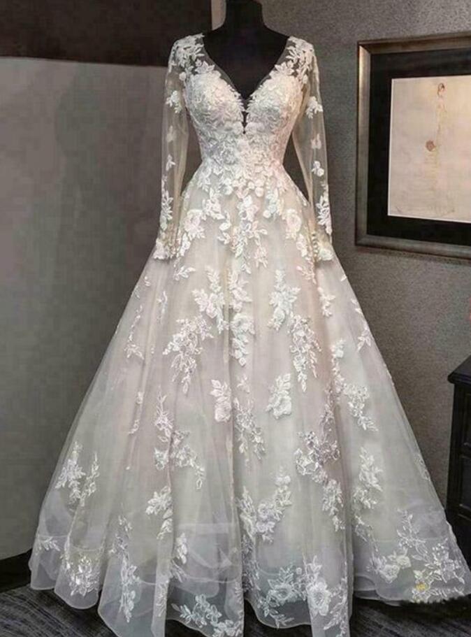 A Line V Neck Backless Lace Appliques Bridal Dresses