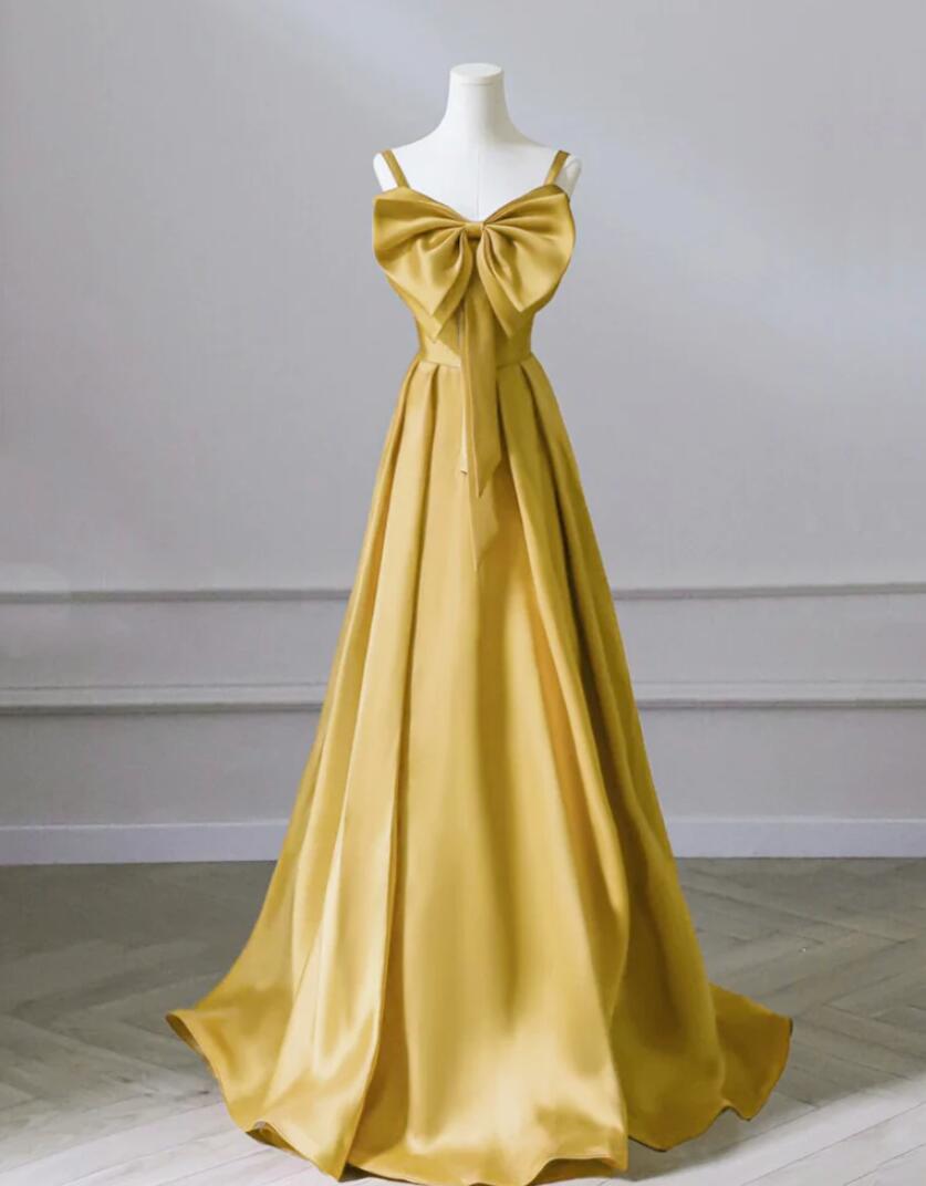 A-line Sweetheart Neck Satin Yellow Long Prom Dresses