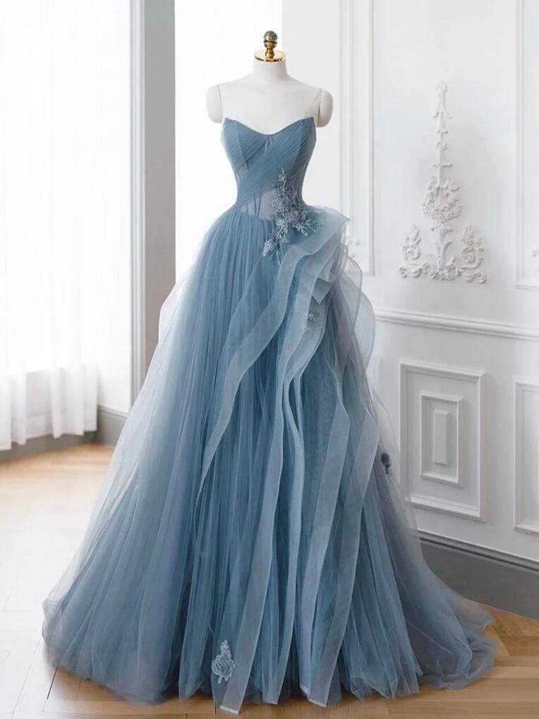 A-line Off Shoulder Tulle Lace Gray Blue Long Prom Dresses