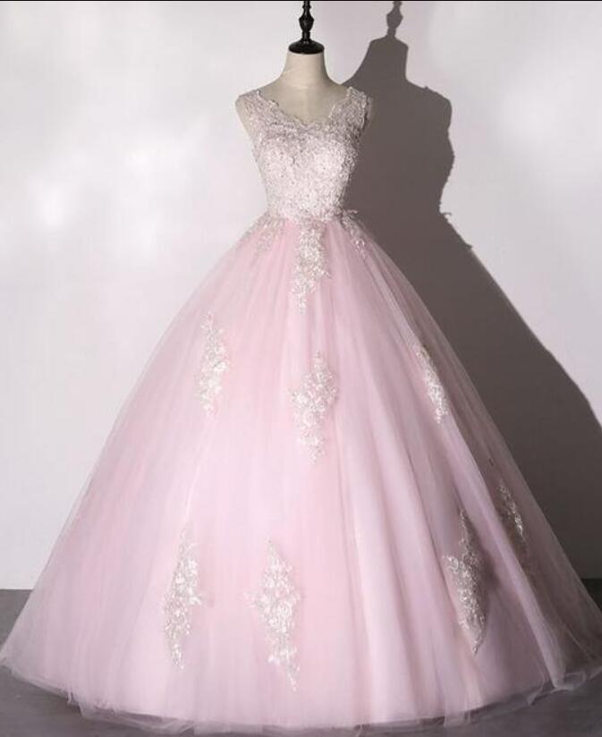 Beauty Ball Gown Pink Tulle Lace Long Formal Dress