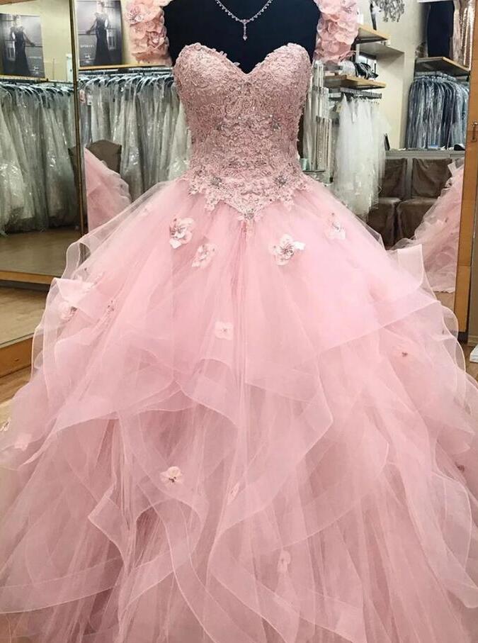 Sweetheart Ball Gown Tulle Long Lace Prom Dress, Pink Sweet 16 Dress