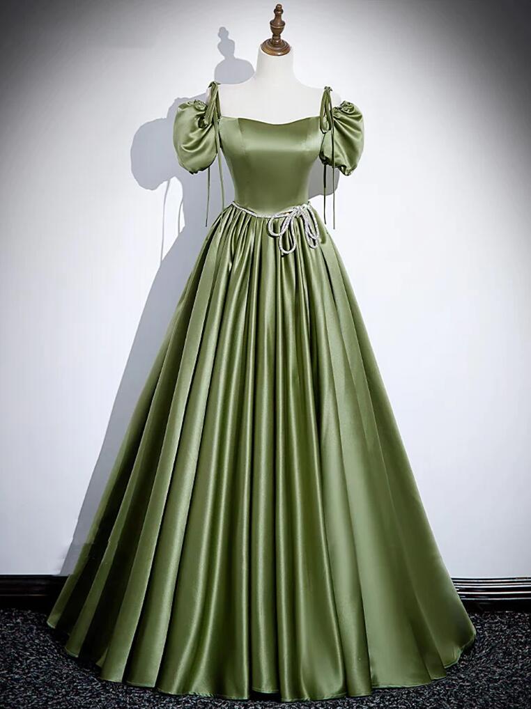 Off Shoulder A-line Satin Green Long Prom Evening Dresses