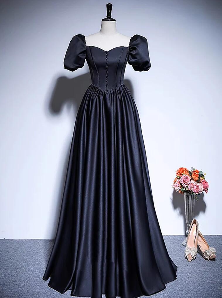 A-line Satin Black Long Prom Dress With Puff Sleeves