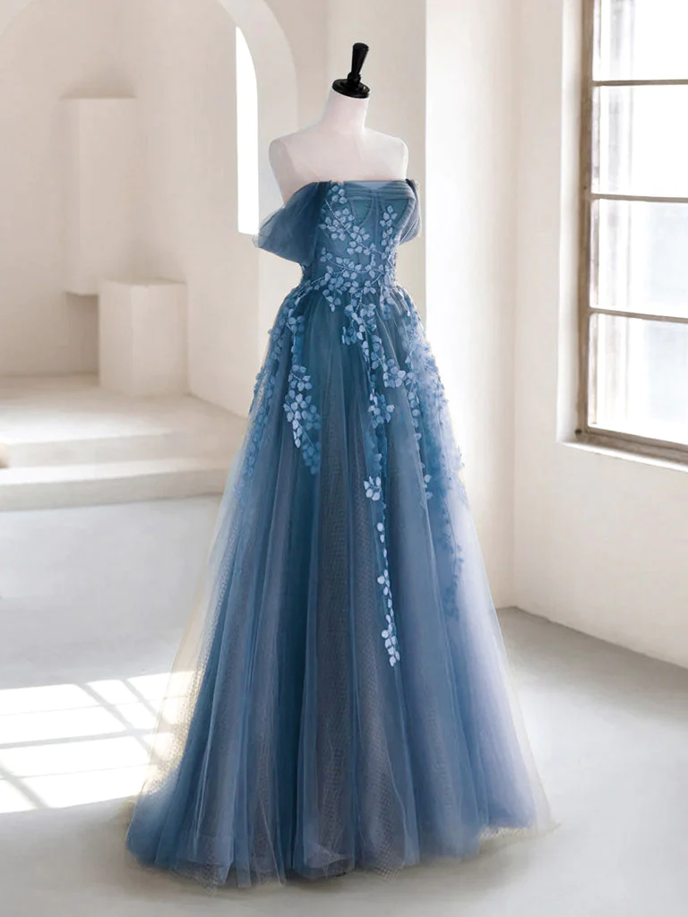 Enchanted Evening Blue Tulle Gown With Floral Embellishments