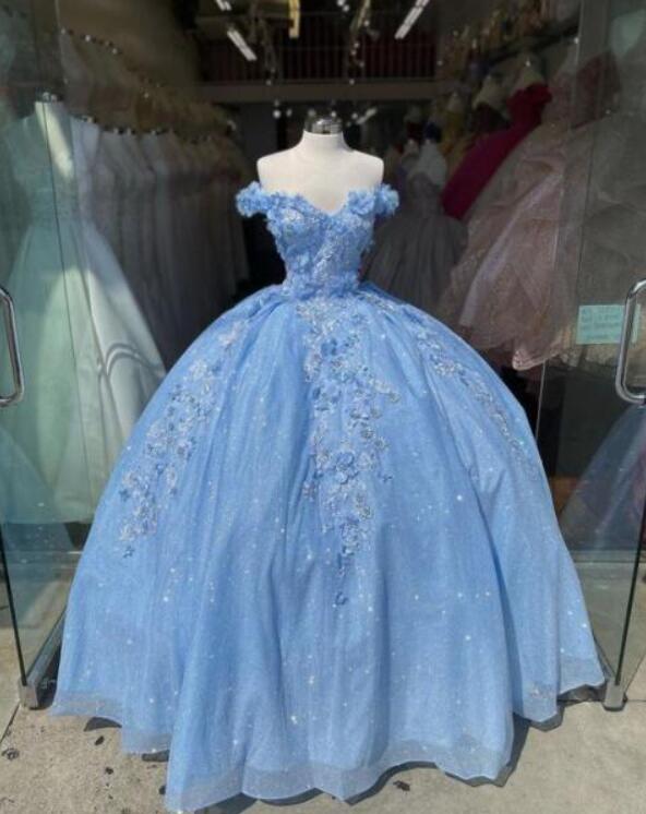 Off The Shoulder Blue Long Ball Gown Prom Dress