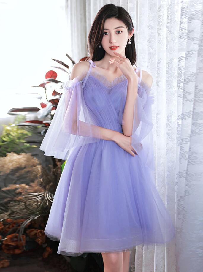 A-line Purple V Neck Tulle Short Homecoming Dresses