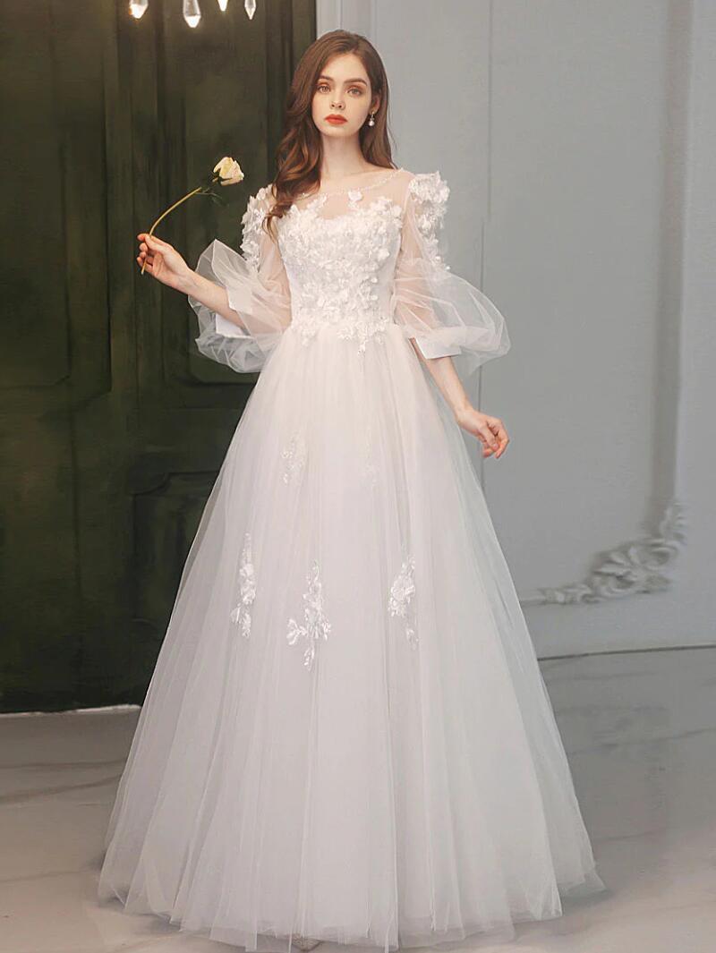 A-line Round Neck White Tulle Lace Long Prom Dresses