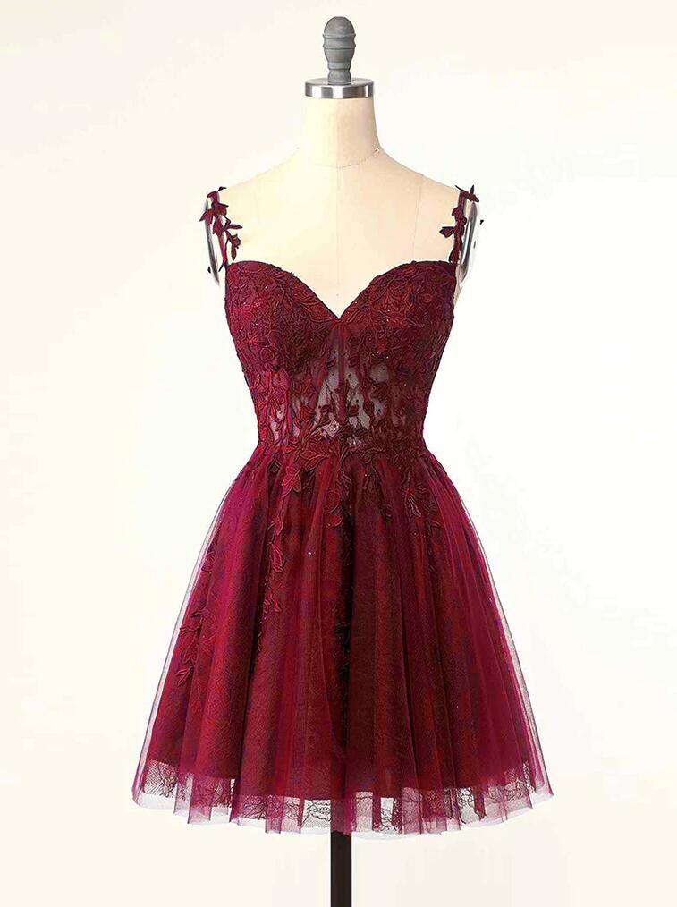 A-line Tulle Lace Short Prom Dress,burgundy Homecoming Dress
