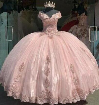 Ball Gown Off Shoulder Pink Quinceanera Dresses Lace Appliques