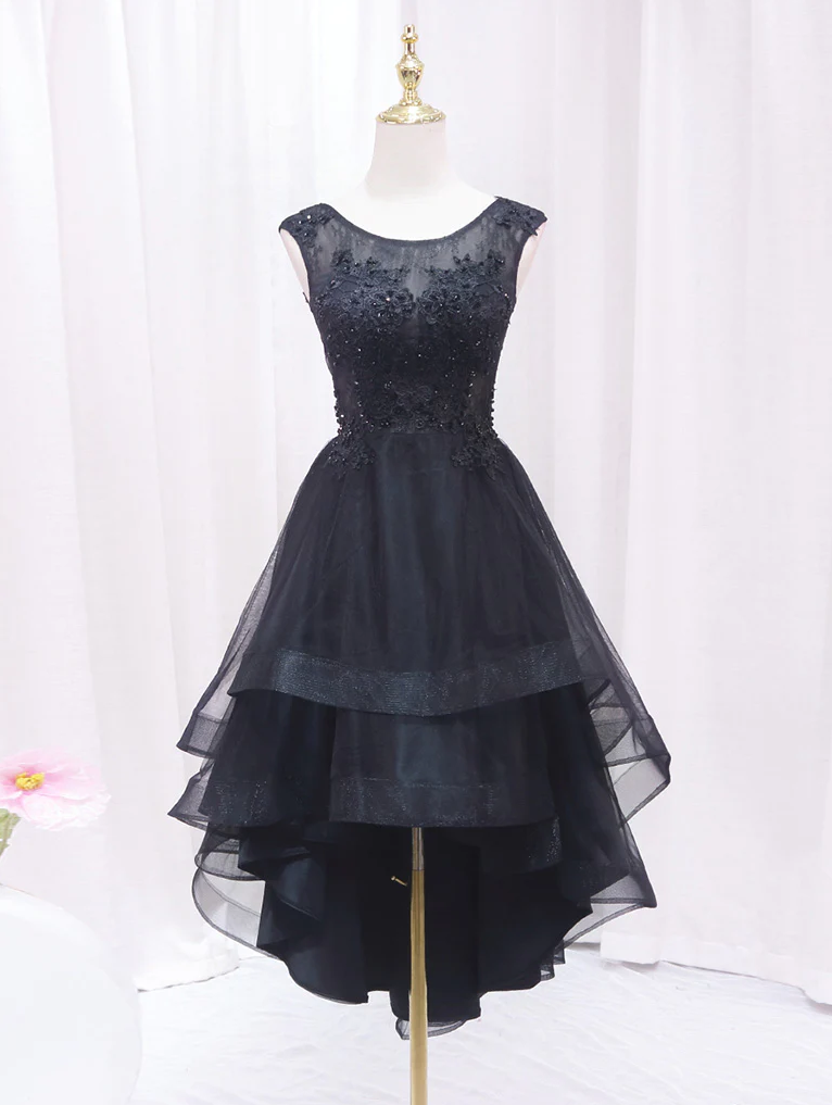A-line Lace Tulle Black Short Prom Dress Homecoming Dress