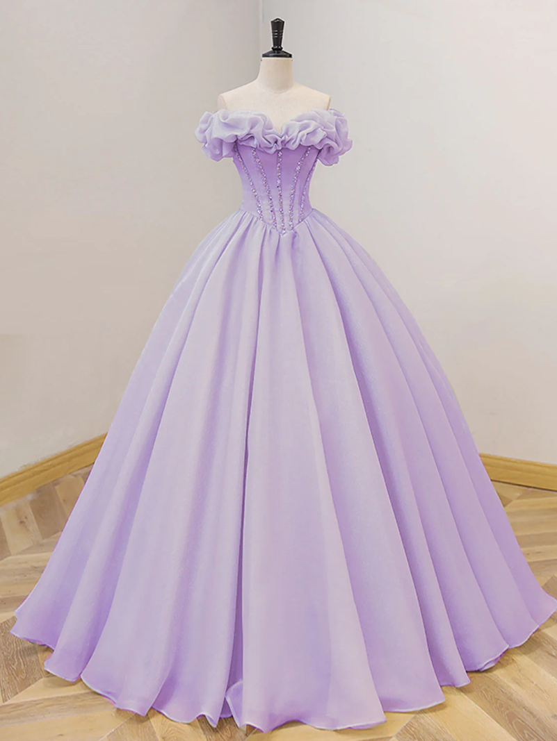 Off Shoulder Purple A-line Long Prom Dresses, Sweet 16 Dress