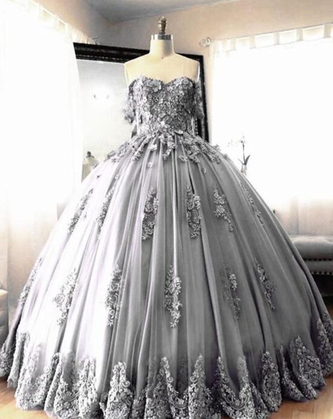 Charming Off Shoulder Silver Ball Gown Lace Prom Dresses