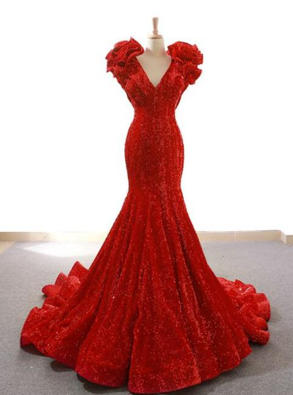 Mermaid Red Deep V-neck Sequins Prom Dress