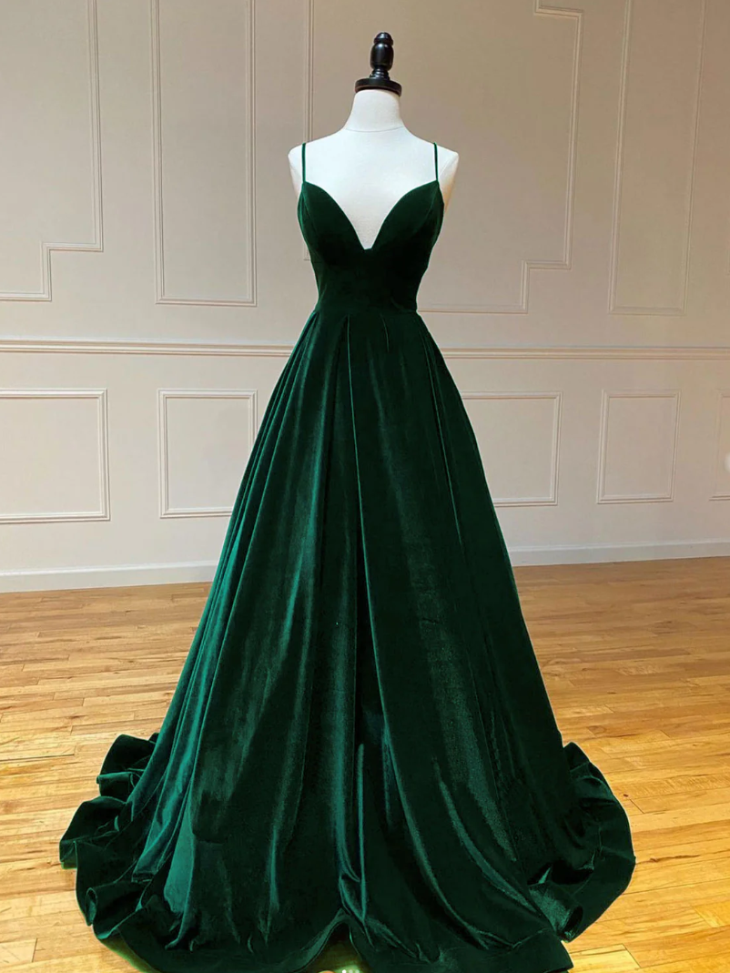 A-line Mermaid V Neck Green Velvet Long Prom Dresses