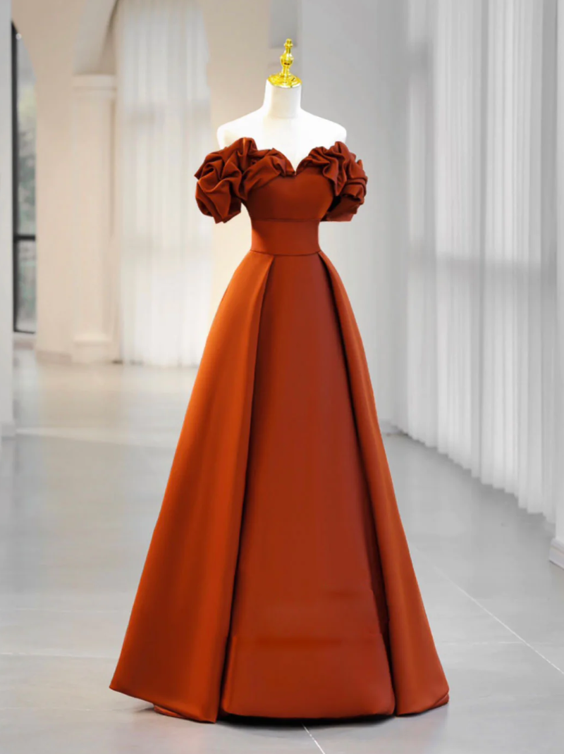 A-line Off Shoulder Satin Orange Long Prom Dresses