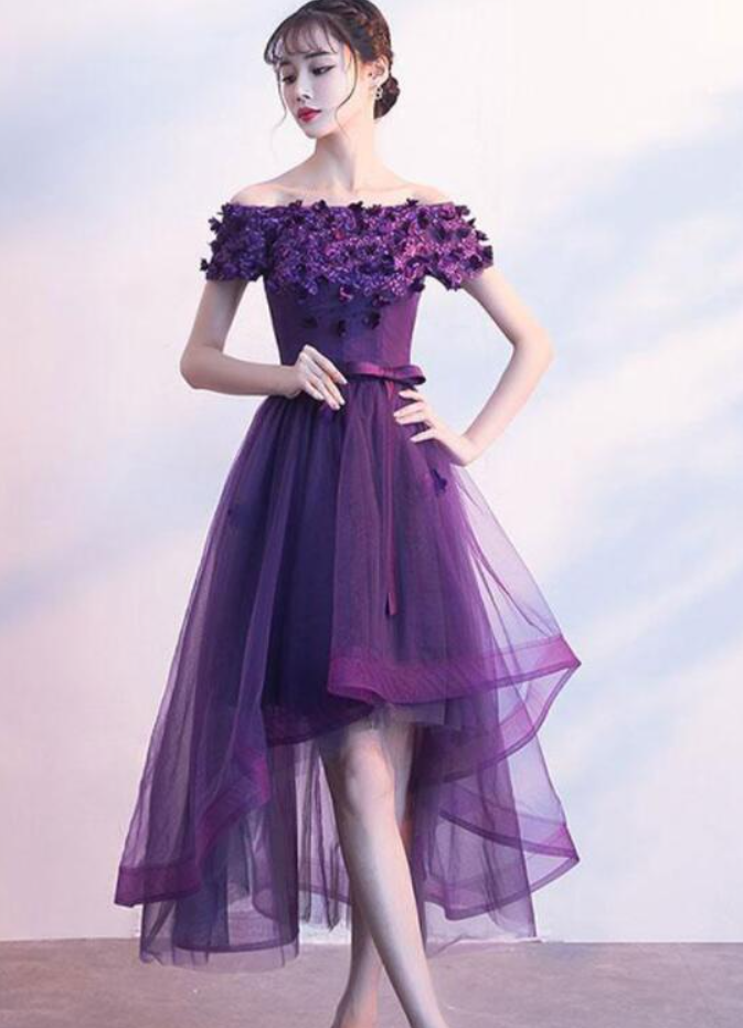 High Low Tulle Purple Short Prom Dress With Lace